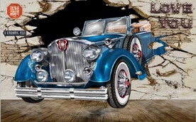 欧美风3D墙洞汽车背景墙壁画