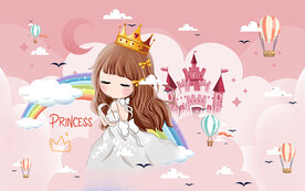 热气球粉色城堡彩虹公主儿童房背