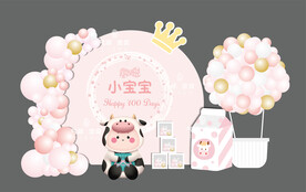 粉色女孩牛宝宝主题宝宝宴百天宴