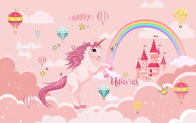 可爱卡通独角兽城堡儿童房背景墙