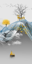 装饰画 晶瓷画 鹿 船