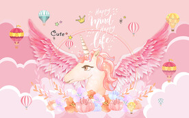 可爱卡通独角兽翅膀儿童房背景墙