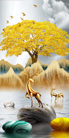 石来运转麋鹿山水玄关装饰画