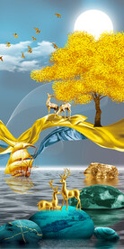 石来运转麋鹿山水玄关装饰画