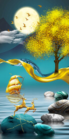 石来运转麋鹿山水玄关装饰画