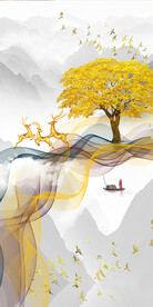 石来运转麋鹿山水玄关装饰画