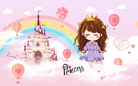 可爱卡通城堡公主儿童房背景墙