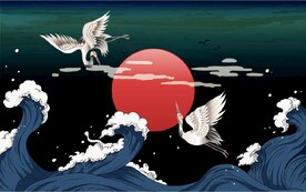 国风潮海浪仙鹤餐饮背景墙壁画