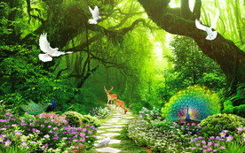 绿色森林孔雀风景电视背景墙