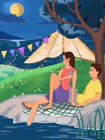 手绘情侣夏季旅行插画