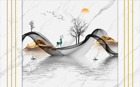 大理石纹 飘带鹿 山水画