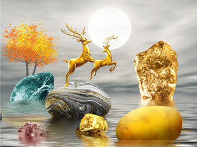 装饰画 晶瓷画 麋鹿 石头