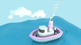 蓝色海洋白云卡通游轮C4D立体