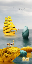 石来运转麋鹿山水玄关装饰画