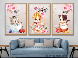 卡通茶杯猫大眼萌宠无框画