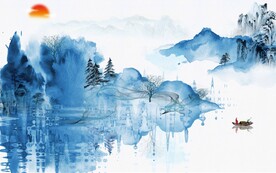 高端抽象蓝色山水画