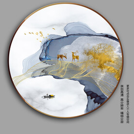 新中式抽象线条山水麋鹿圆形装饰