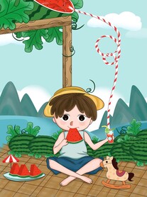 喝冷饮的少年插画