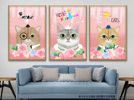 粉色花朵可爱萌宠猫无框画