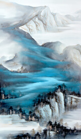 装饰画 蓝色水墨山水画 新中式