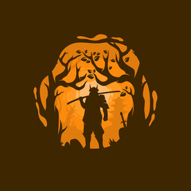 夜晚站在森林深处的武士创意插图