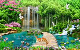 竹林瀑布独木桥发财鹿风景背景墙