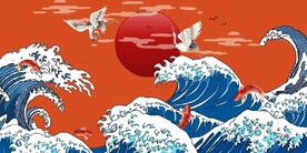 国风潮浮世绘大海红日餐饮背景墙