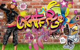 美女嘻哈街头涂鸦工装背景墙