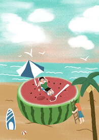 海边沙滩晒太阳插画