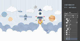 卡通太空火箭墙纸儿童房壁画