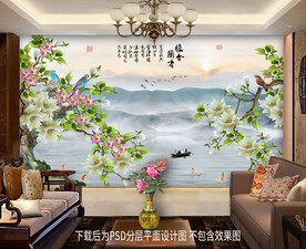 玉兰花鸟客厅背景墙