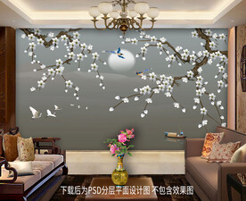 梅花花鸟客厅背景墙