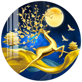 轻奢飘带麋鹿金色圆形装饰画