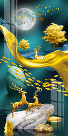 金色飘带麋鹿轻奢玄关背景墙