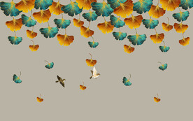 银杏叶花鸟背景墙