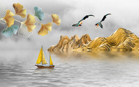 银杏花鸟水墨山水抽象烟雾背景墙