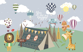 可爱卡通小动物热气球儿童房背景