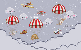 卡通降落伞小动物儿童房背景墙