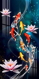 荷花九鱼图飘带线条玄关背景墙