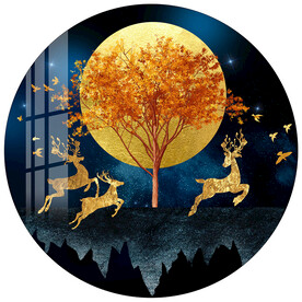 金色抽象发财树麋鹿圆形装饰画