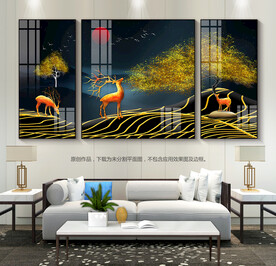 鎏金远山麋鹿客厅沙发背景装饰画