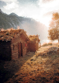 数字油画装饰画素材山顶茅草屋