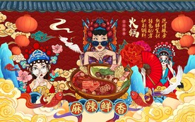 麻辣火锅国潮风工装背景墙图片