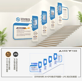 蓝色企业楼梯文化墙
