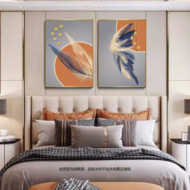 双联橙色几何金色羽毛装饰画