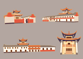 国潮建筑插画素材