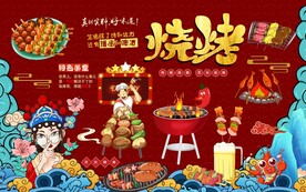 国潮烧烤撸串工装背景墙图片