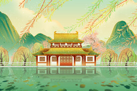 国潮插画山水古代背景