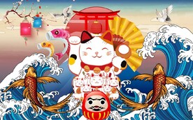 浮世绘招财猫日本料理餐饮背景墙