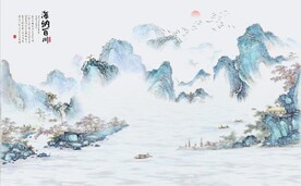新中式青绿山水国画电视背景墙